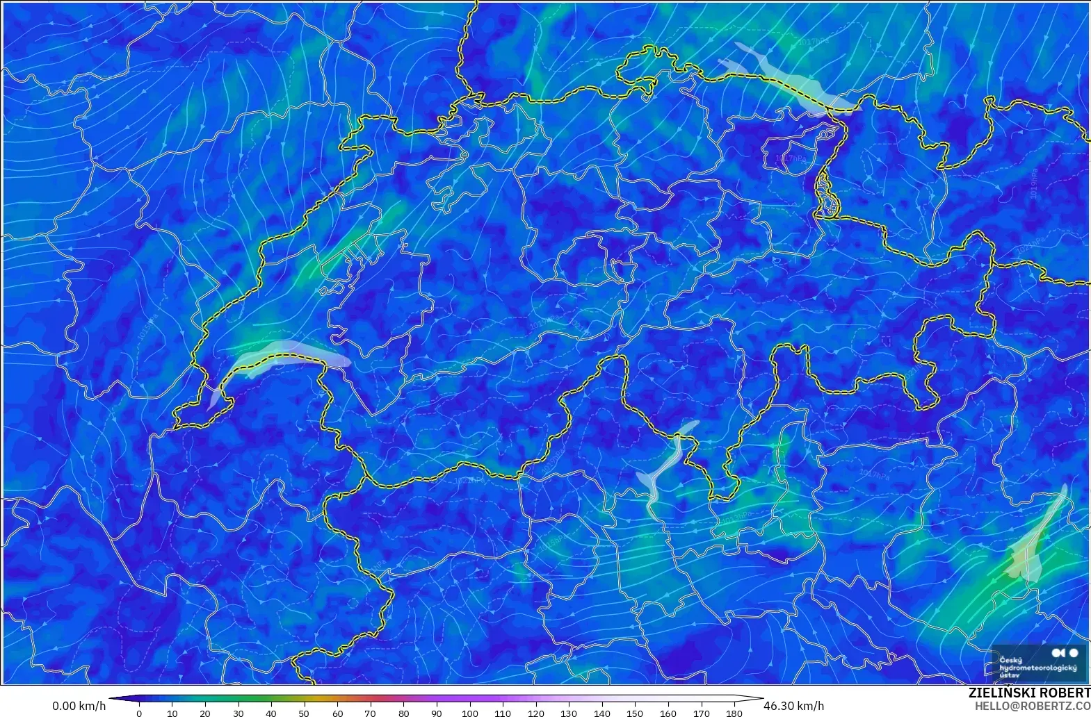 ALADIN CZ 2.3 km model - Switzerland, Wind at 10m