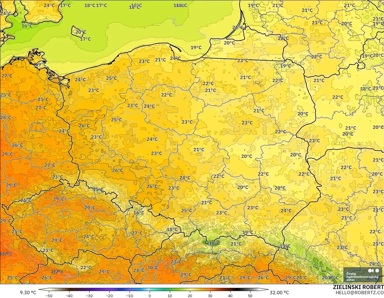 ALADIN CZ 2.3 km model - Poland, Temperature at 2m