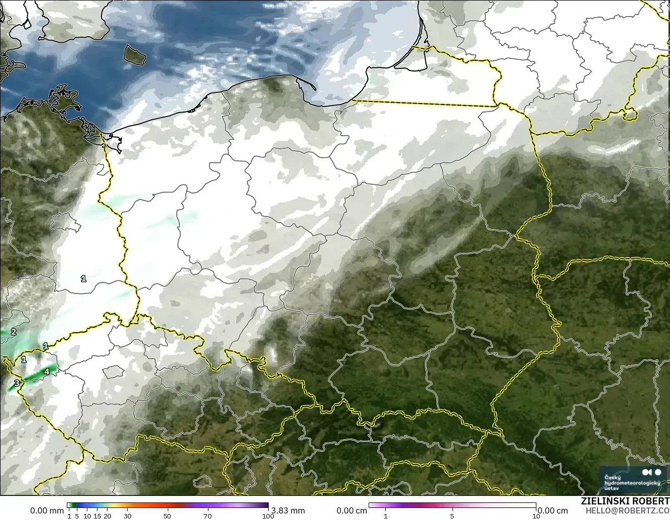 ALADIN CZ 2.3 km model - Poland, Precipitation, Clouds, and Pressure