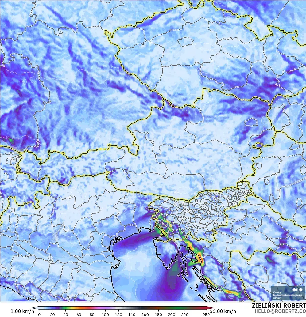ALADIN CZ 2.3 km model - Austria, Wind Gusts Peak
