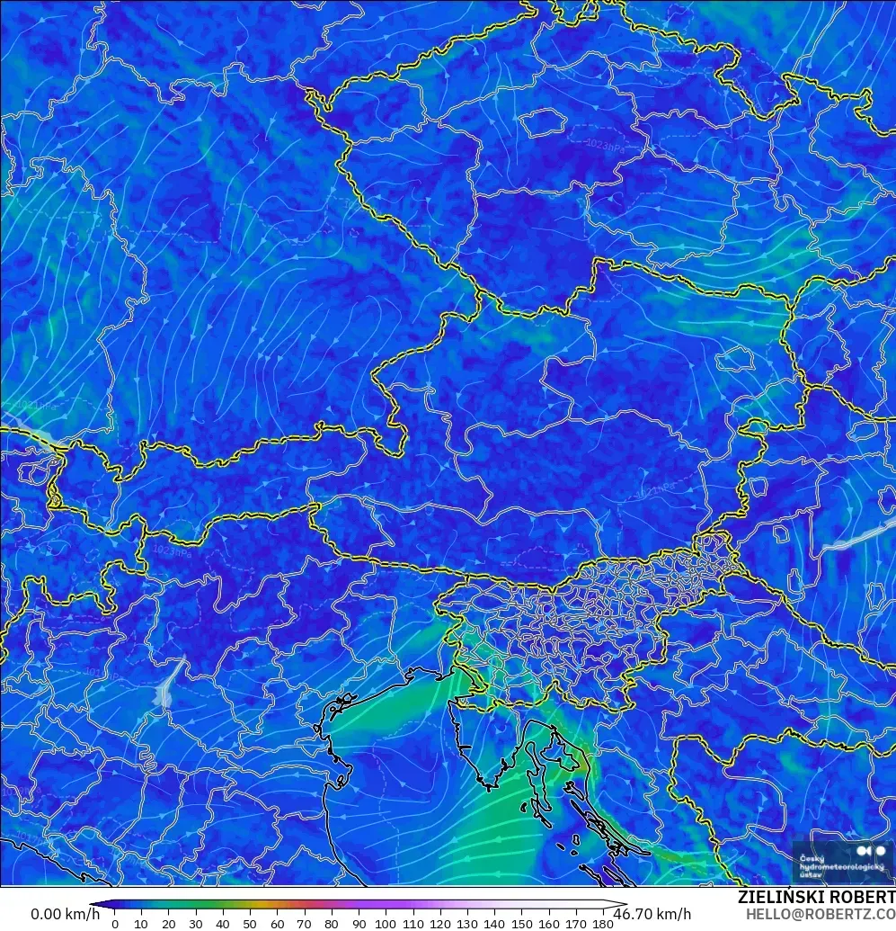 ALADIN CZ 2.3 km model - Austria, Wind at 10m
