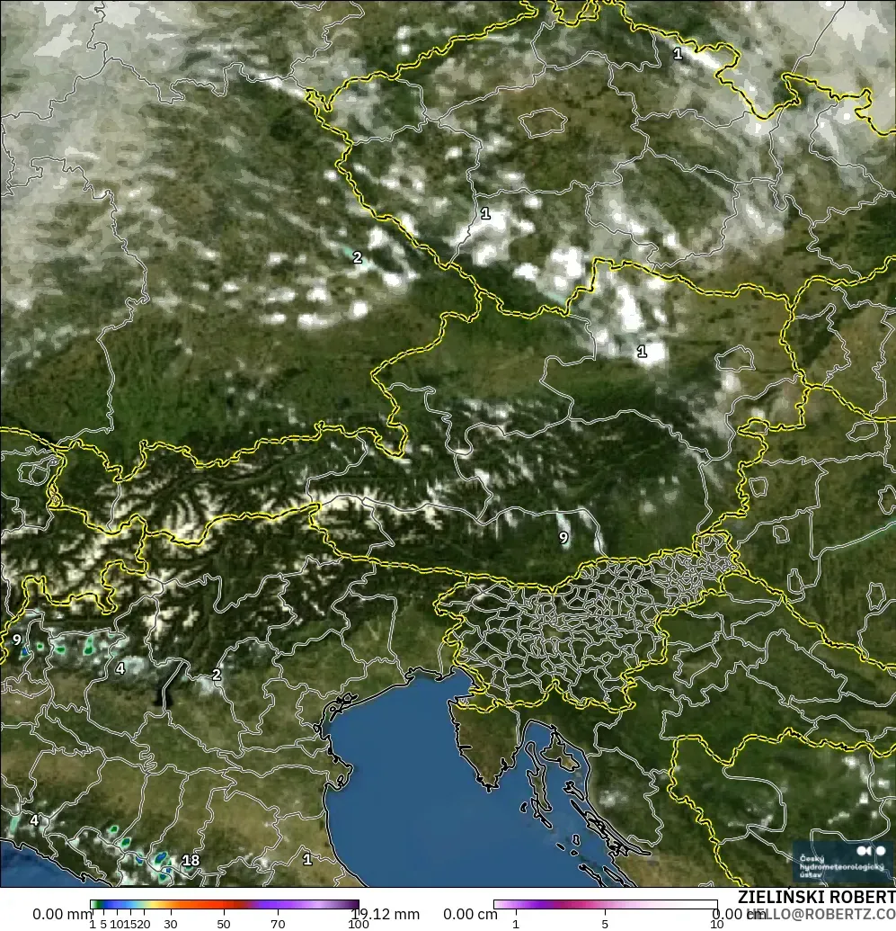 ALADIN CZ 2.3 km model - Austria, Precipitation, Clouds, and Pressure