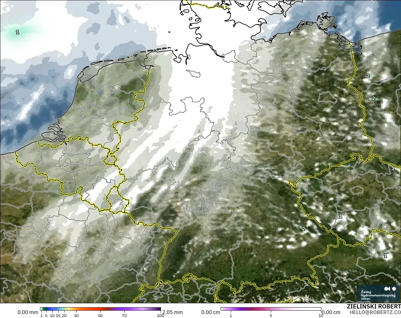 ALADIN CZ 2.3 km model - Germany, Precipitation, Clouds, and Pressure