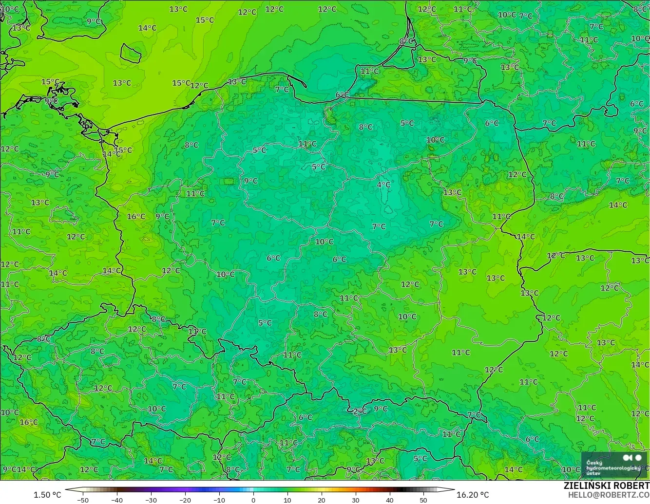 ALADIN CZ 2.3 km model - Poland, Dewpoint at 2m