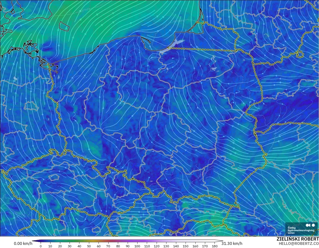 ALADIN CZ 2.3 km model - Poland, Wind at 10m