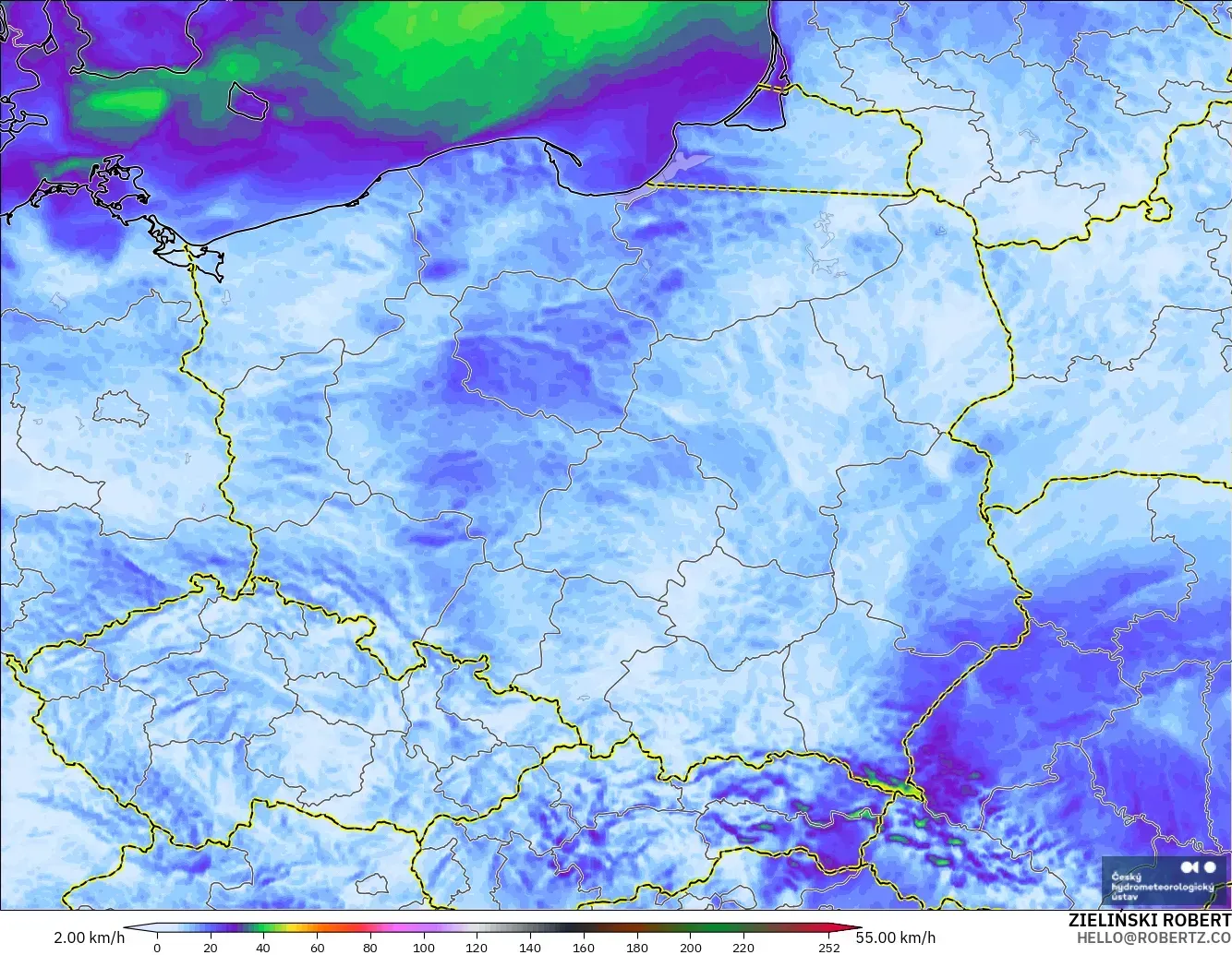 ALADIN CZ 2.3 km model - Poland, Wind Gusts