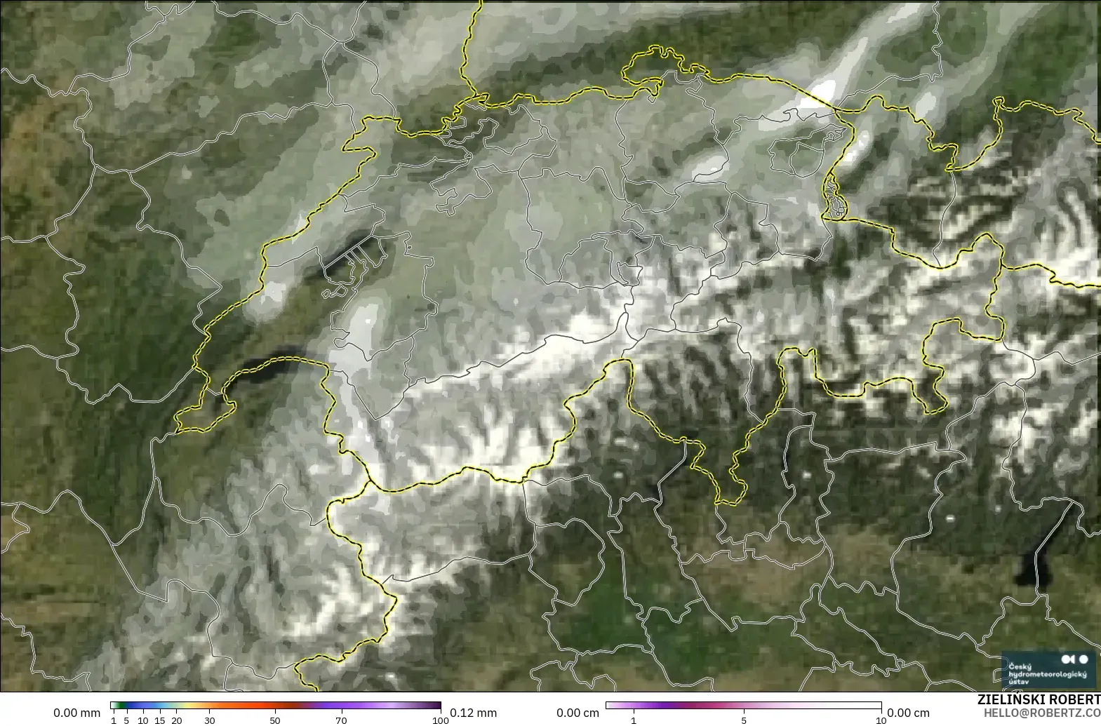 ALADIN CZ 2.3 km model - Switzerland, Precipitation, Clouds, and Pressure