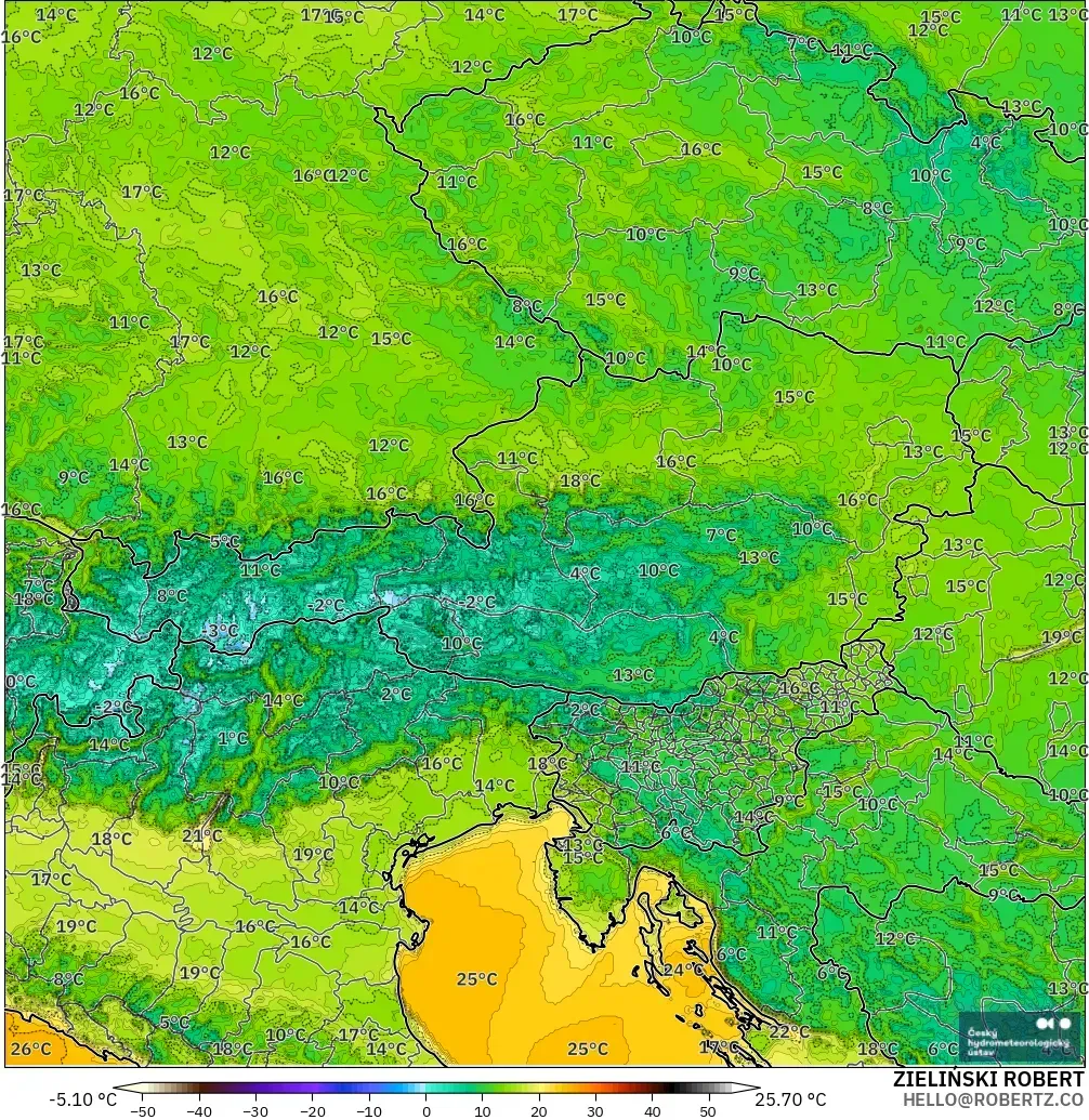 ALADIN CZ 2.3 km model - Austria, Temperature at 2m