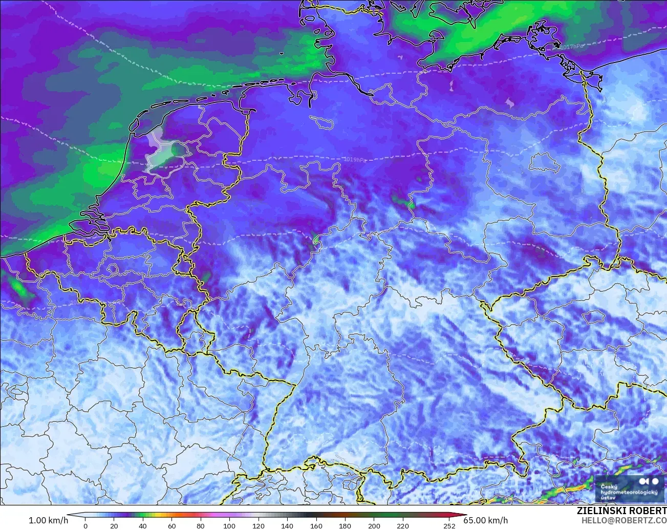 ALADIN CZ 2.3 km model - Germany, Wind Gusts Peak