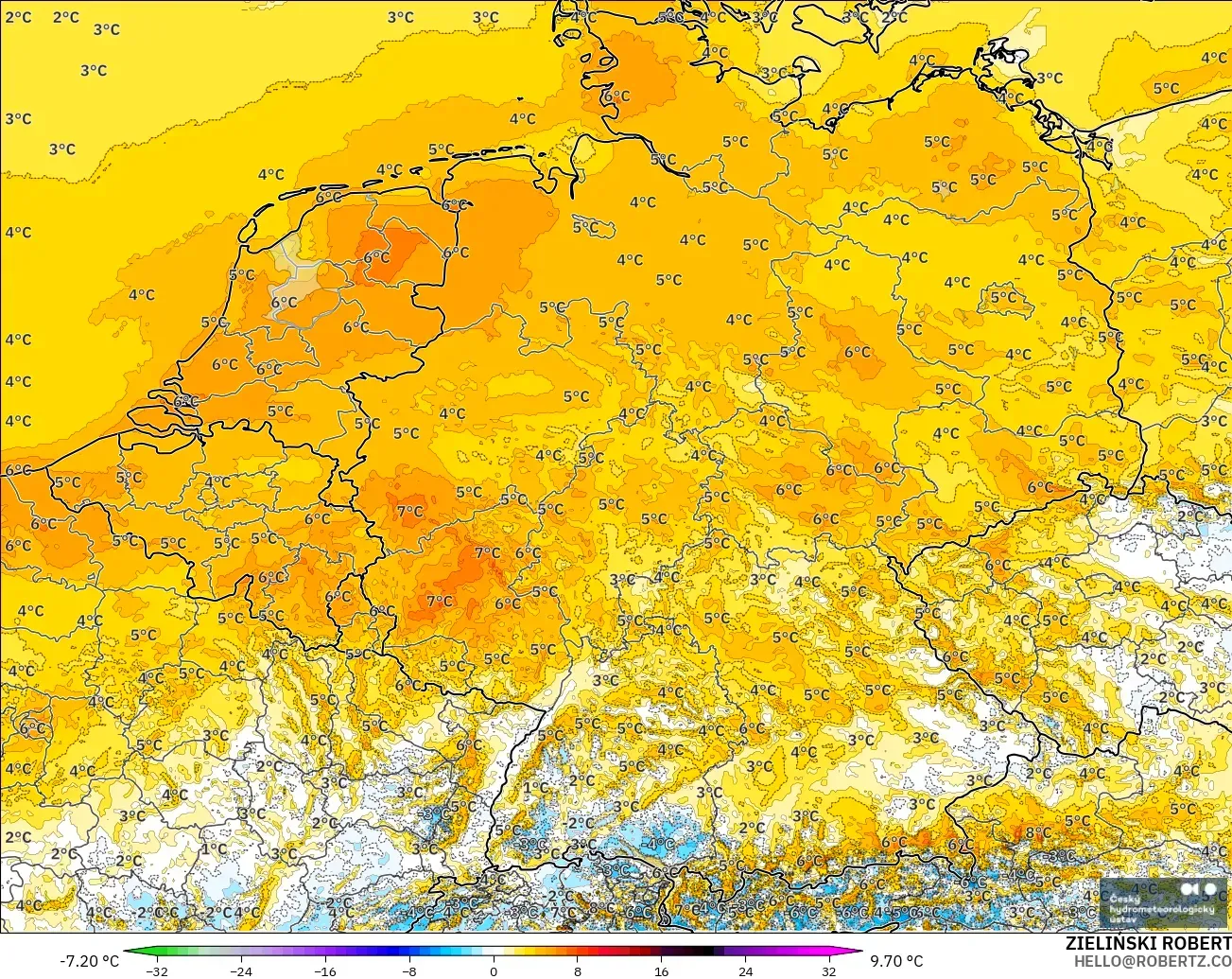 ALADIN CZ 2.3 km model - Germany, Temperature at 2m Anomaly