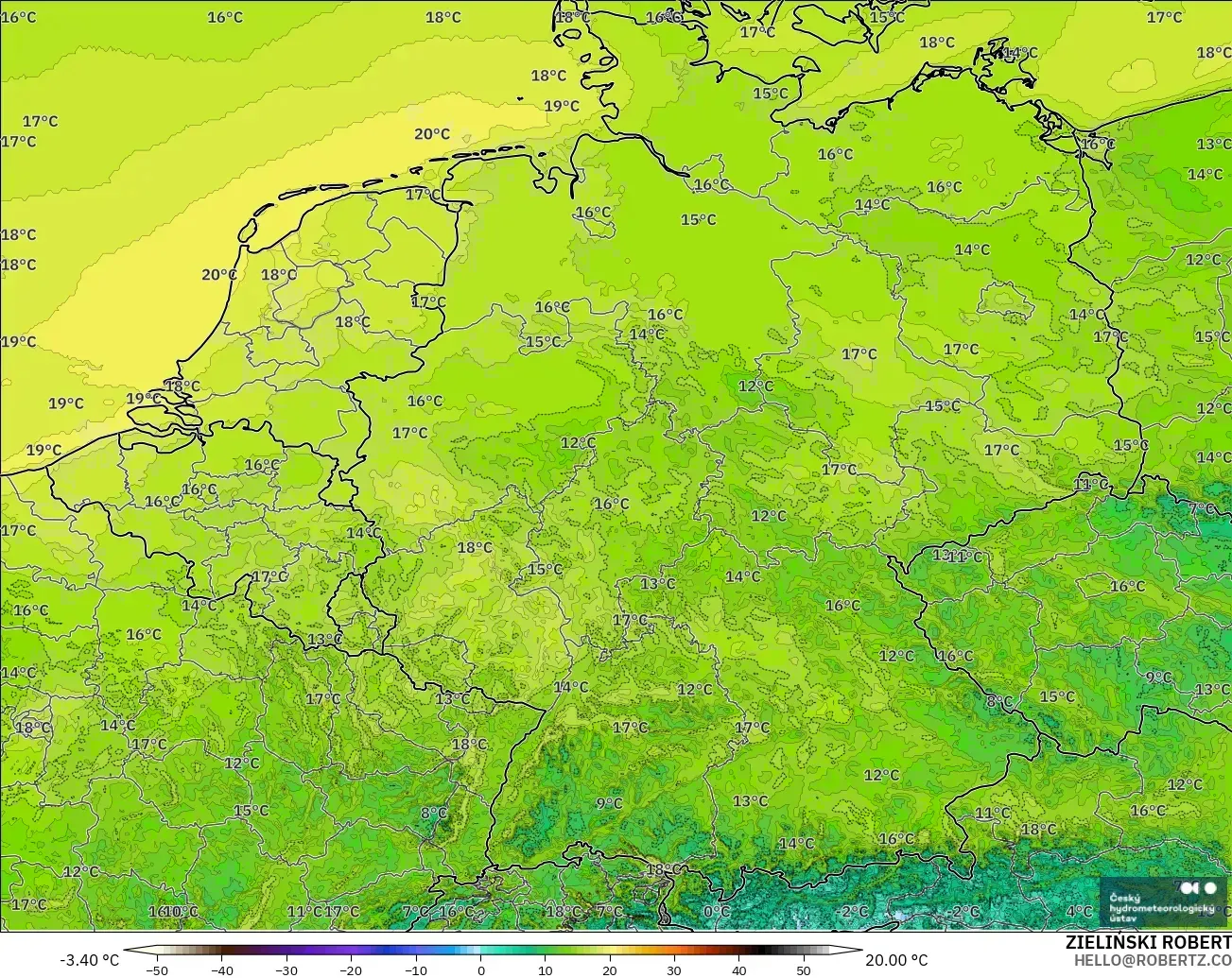 ALADIN CZ 2.3 km model - Germany, Temperature at 2m