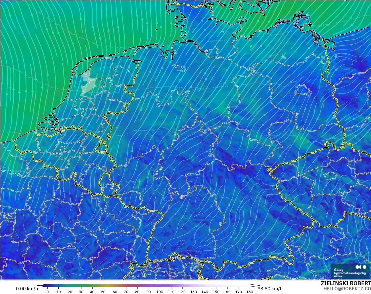 ALADIN CZ 2.3 km model - Germany, Wind at 10m