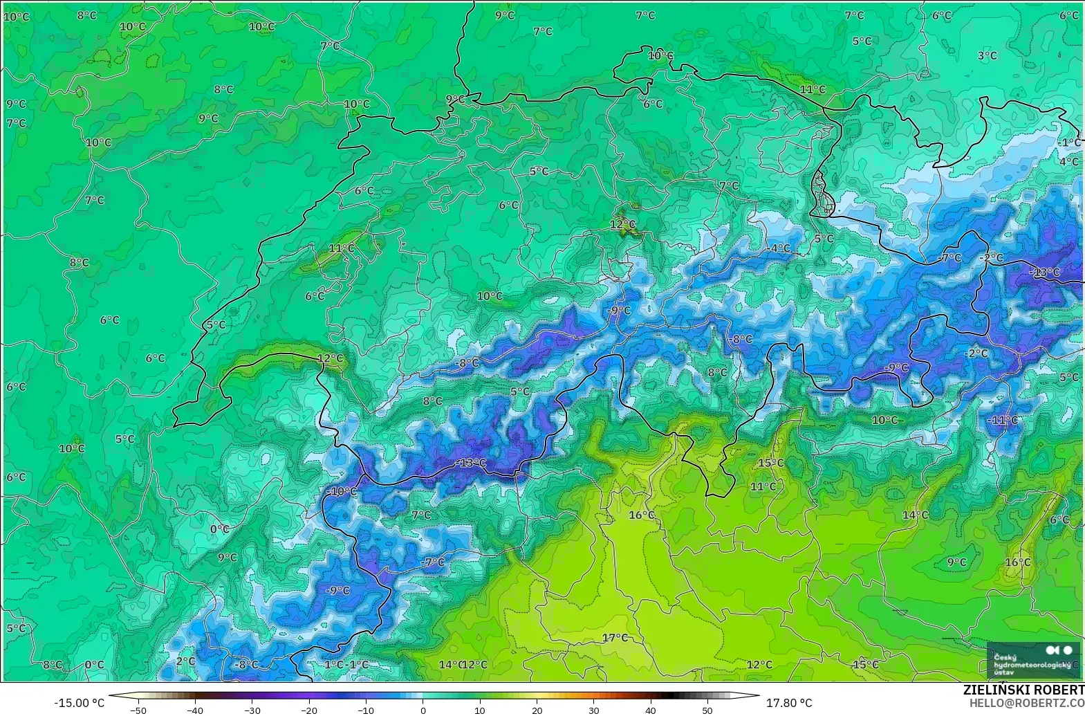ALADIN CZ 2.3 km model - Switzerland, Dewpoint at 2m
