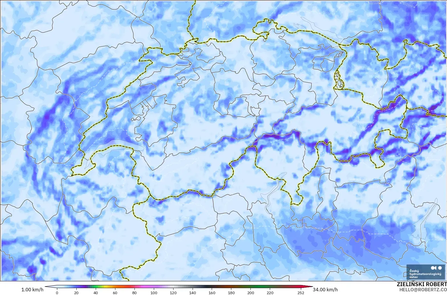ALADIN CZ 2.3 km model - Switzerland, Wind Gusts Peak
