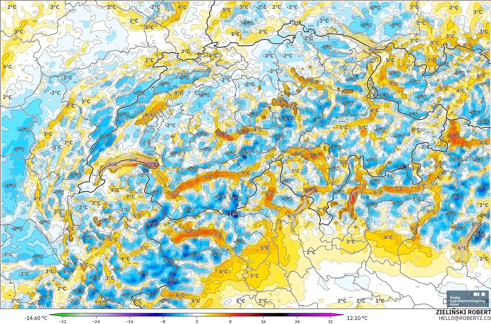 ALADIN CZ 2.3 km model - Switzerland, Temperature at 2m Anomaly