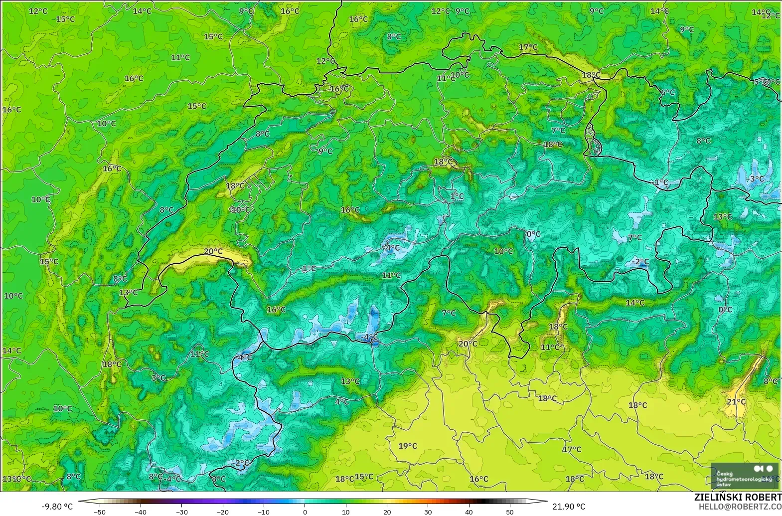 ALADIN CZ 2.3 km model - Switzerland, Temperature at 2m