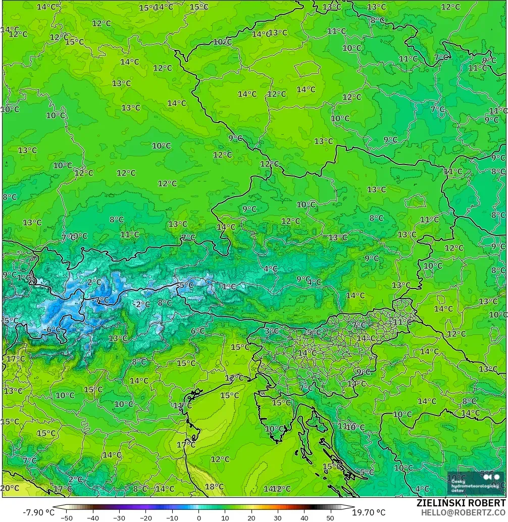 ALADIN CZ 2.3 km model - Austria, Dewpoint at 2m