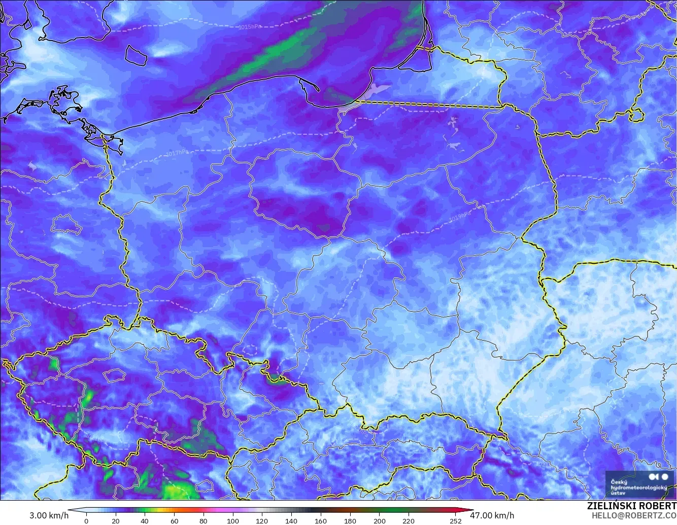 ALADIN CZ 2.3 km model - Poland, Wind Gusts Peak