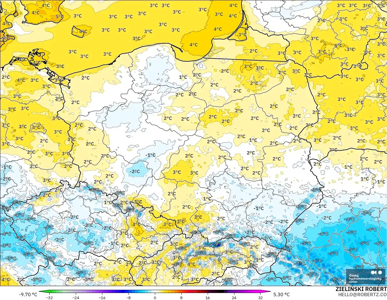ALADIN CZ 2.3 km model - Poland, Temperature at 2m Anomaly