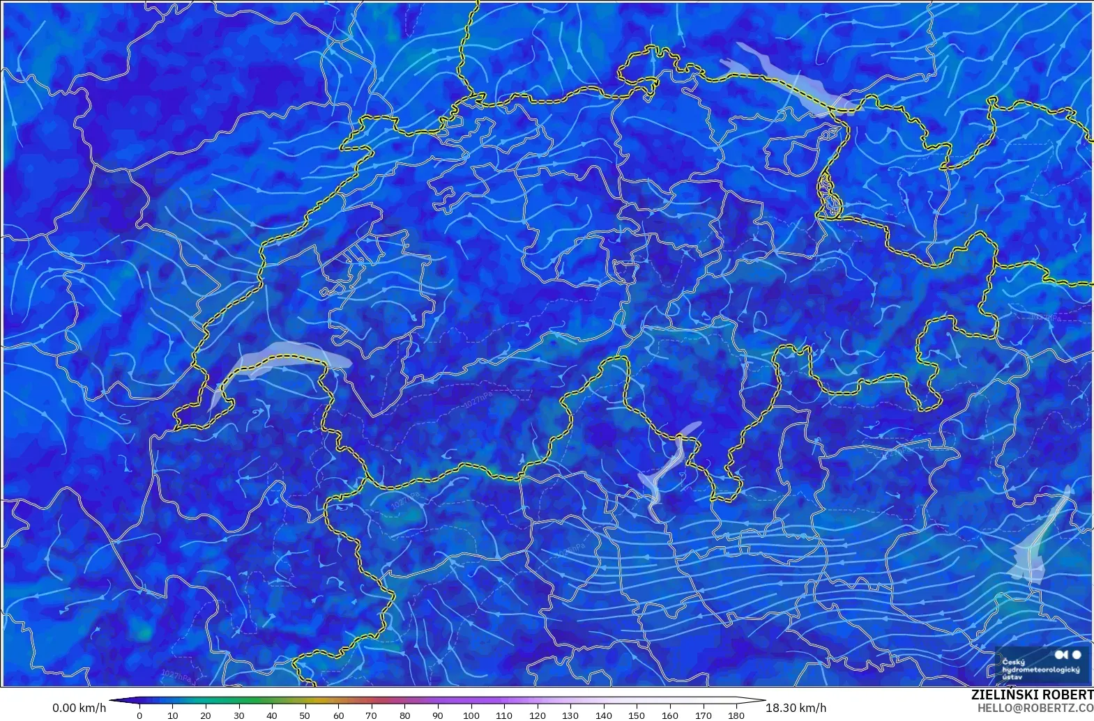 ALADIN CZ 2.3 km model - Switzerland, Wind at 10m