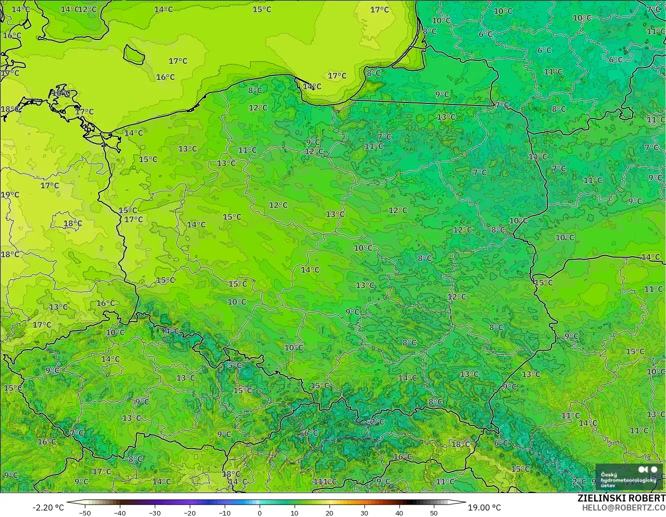 ALADIN CZ 2.3 km model - Poland, Temperature at 2m