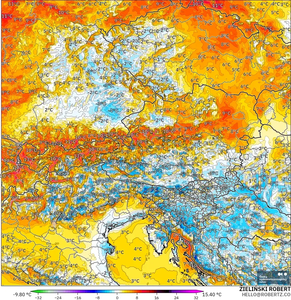 ALADIN CZ 2.3 km model - Austria, Temperature at 2m Anomaly