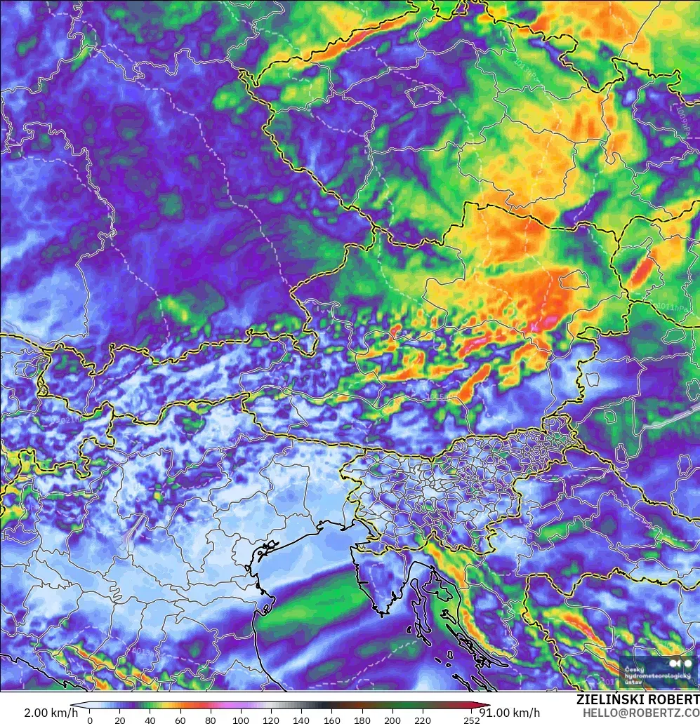 ALADIN CZ 2.3 km model - Austria, Wind Gusts Peak