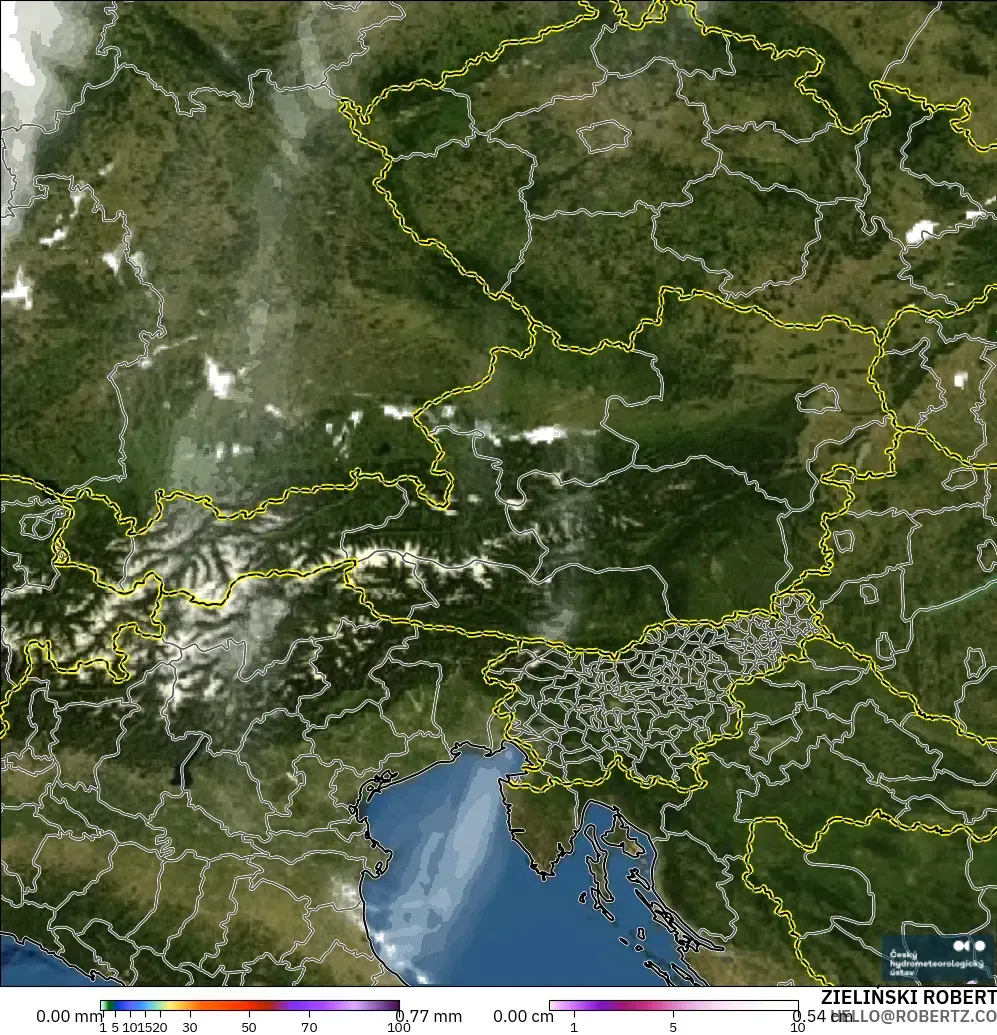 ALADIN CZ 2.3 km model - Austria, Precipitation, Clouds, and Pressure