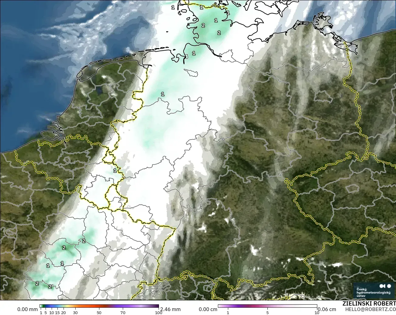 ALADIN CZ 2.3 km model - Germany, Precipitation, Clouds, and Pressure