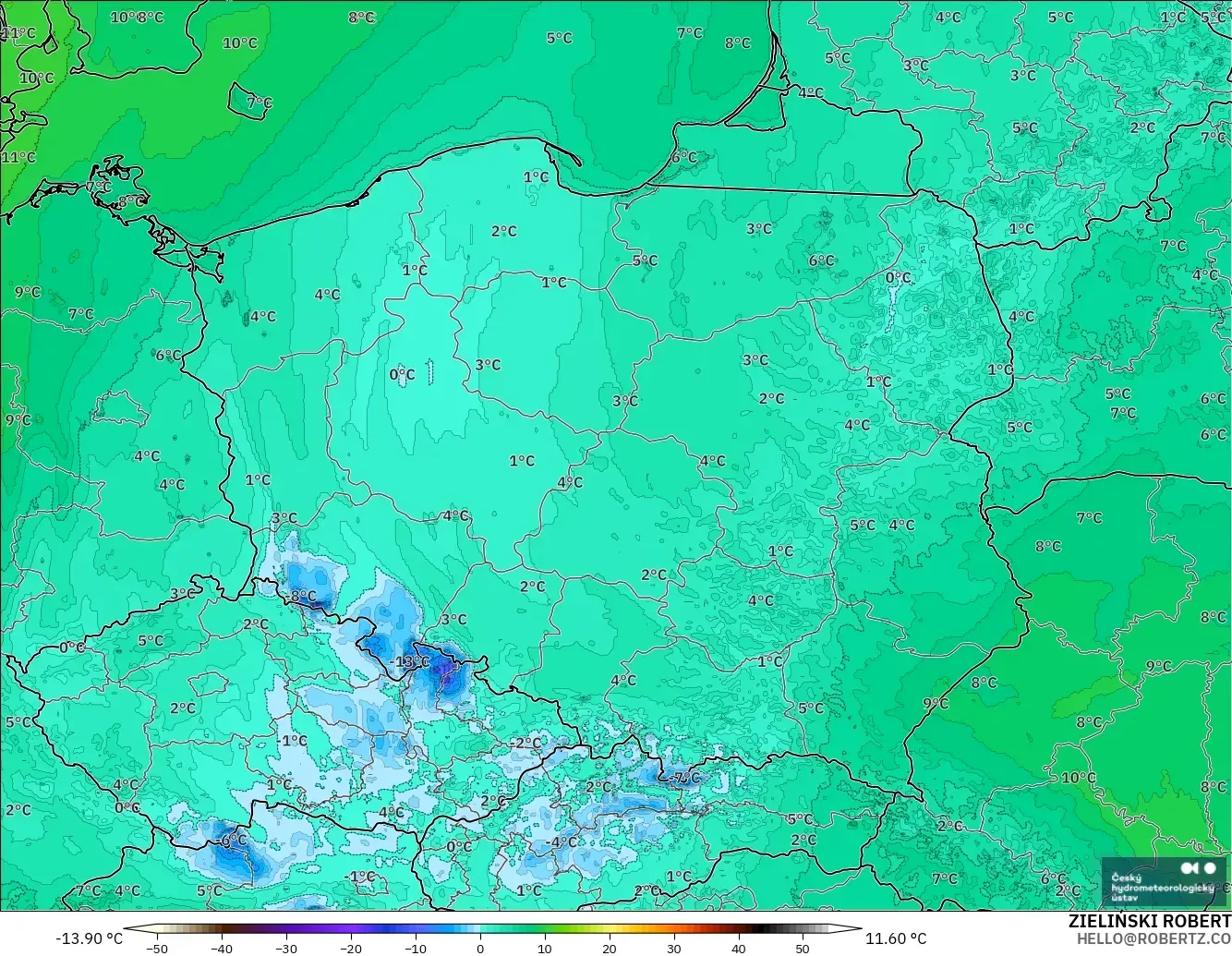 ALADIN CZ 2.3 km model - Poland, Dewpoint at 2m