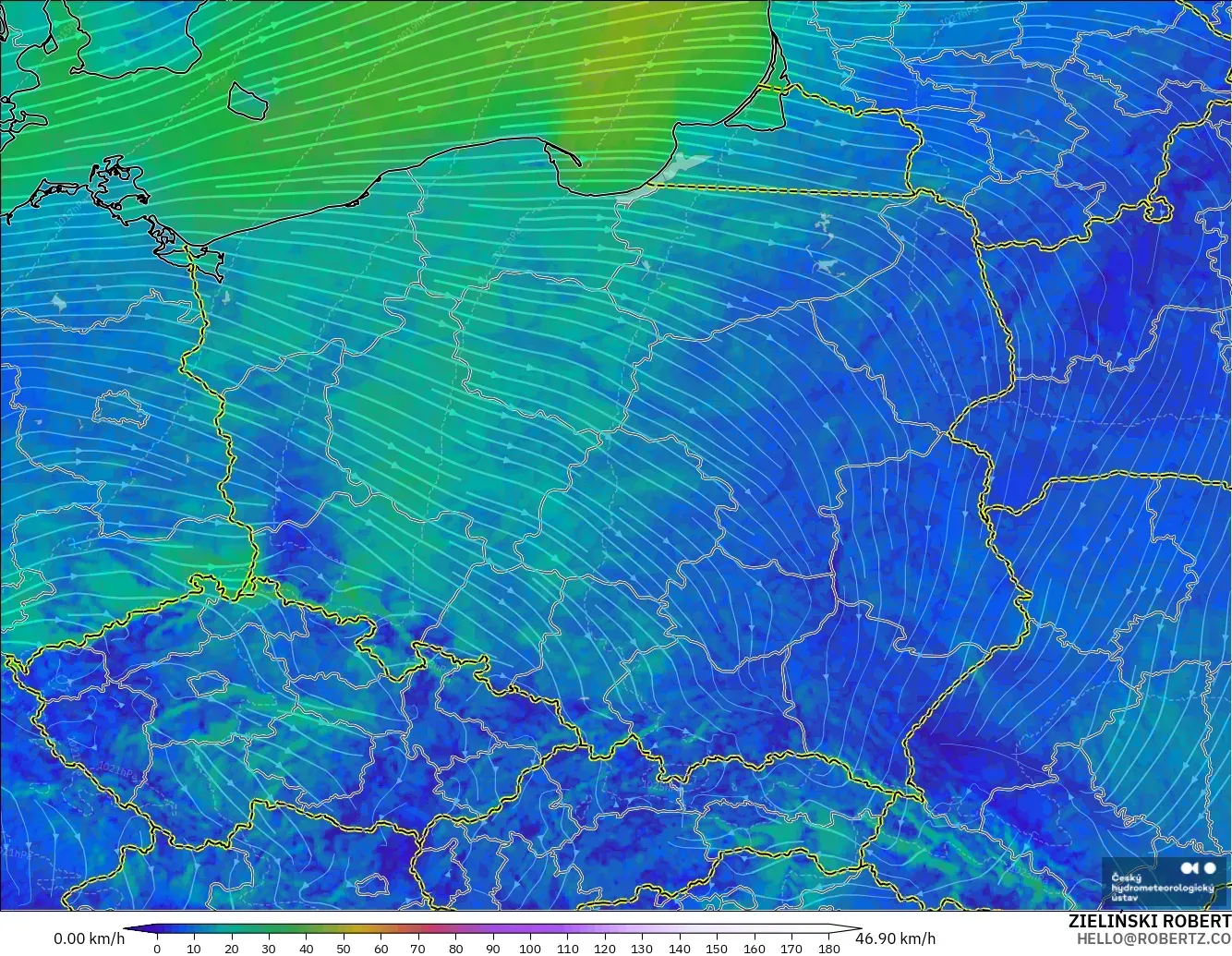ALADIN CZ 2.3 km model - Poland, Wind at 10m