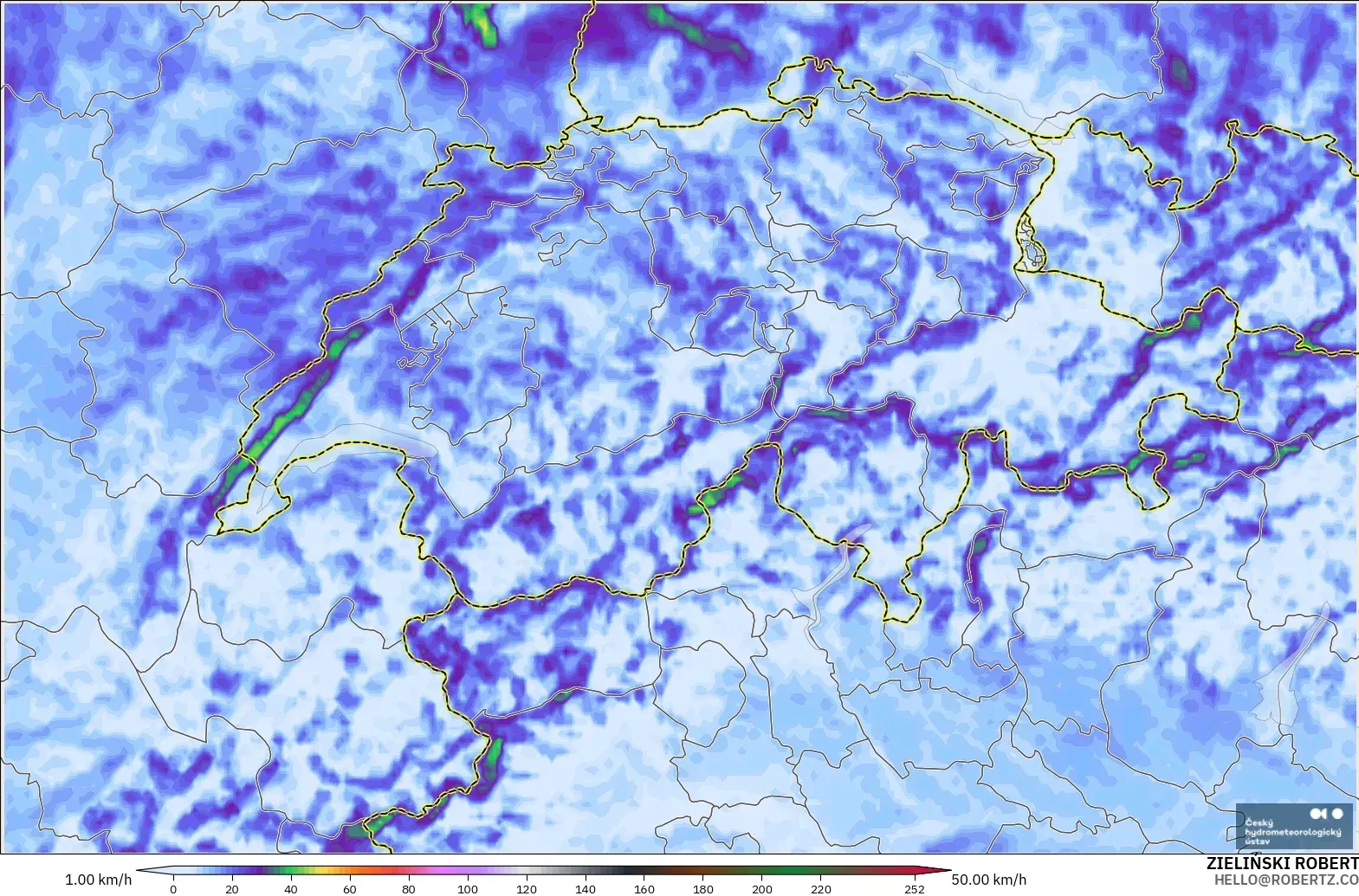 ALADIN CZ 2.3 km model - Switzerland, Wind Gusts
