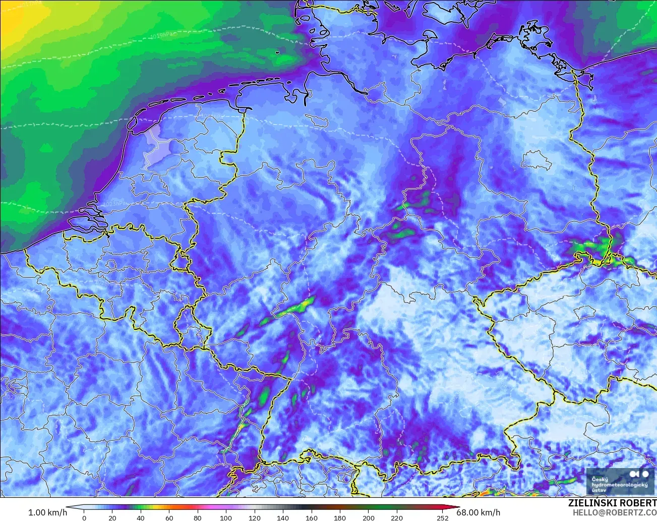 ALADIN CZ 2.3 km model - Germany, Wind Gusts Peak
