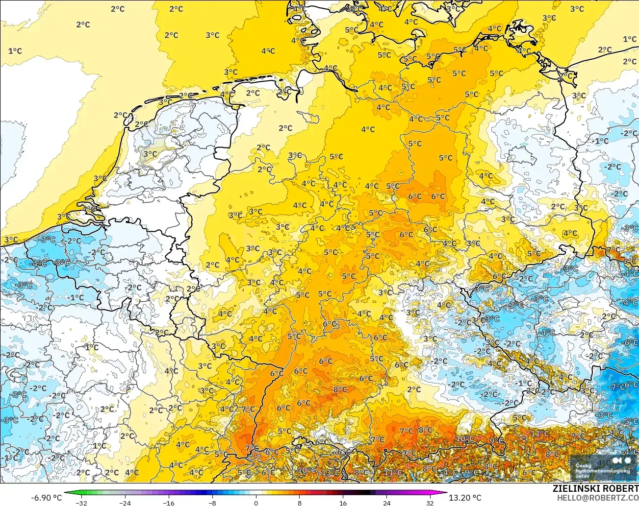 ALADIN CZ 2.3 km model - Germany, Temperature at 2m Anomaly