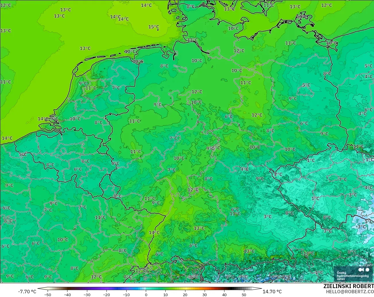 ALADIN CZ 2.3 km model - Germany, Temperature at 2m