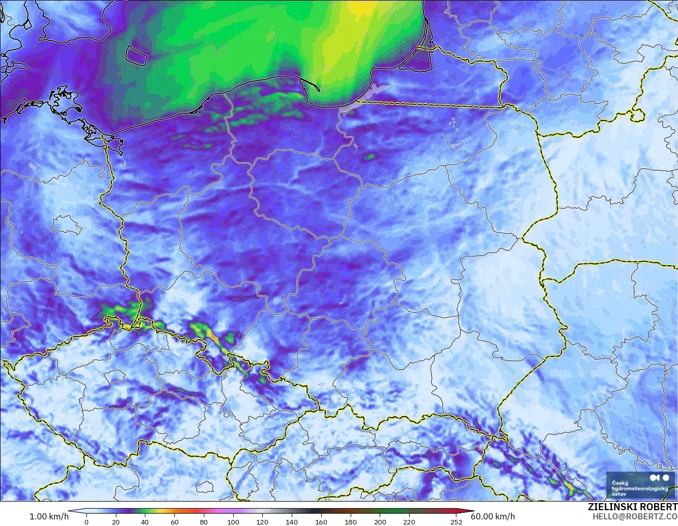 ALADIN CZ 2.3 km model - Poland, Wind Gusts