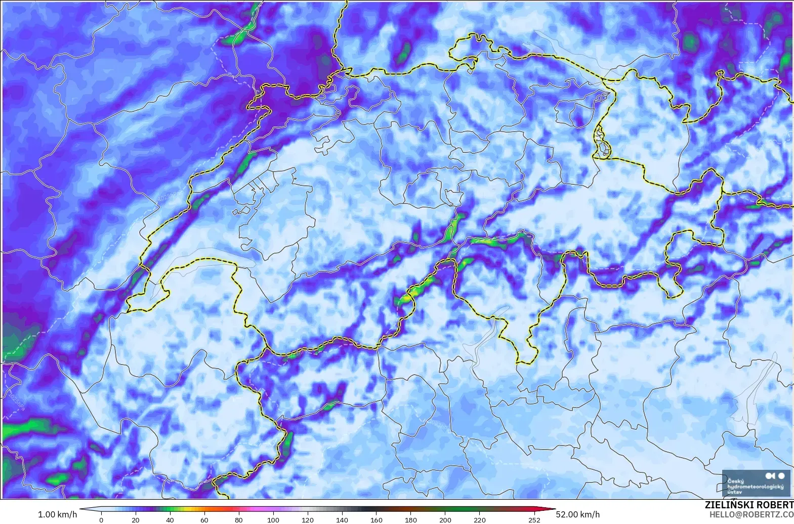 ALADIN CZ 2.3 km model - Switzerland, Wind Gusts Peak