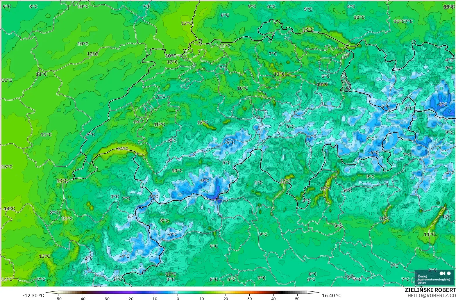 ALADIN CZ 2.3 km model - Switzerland, Temperature at 2m