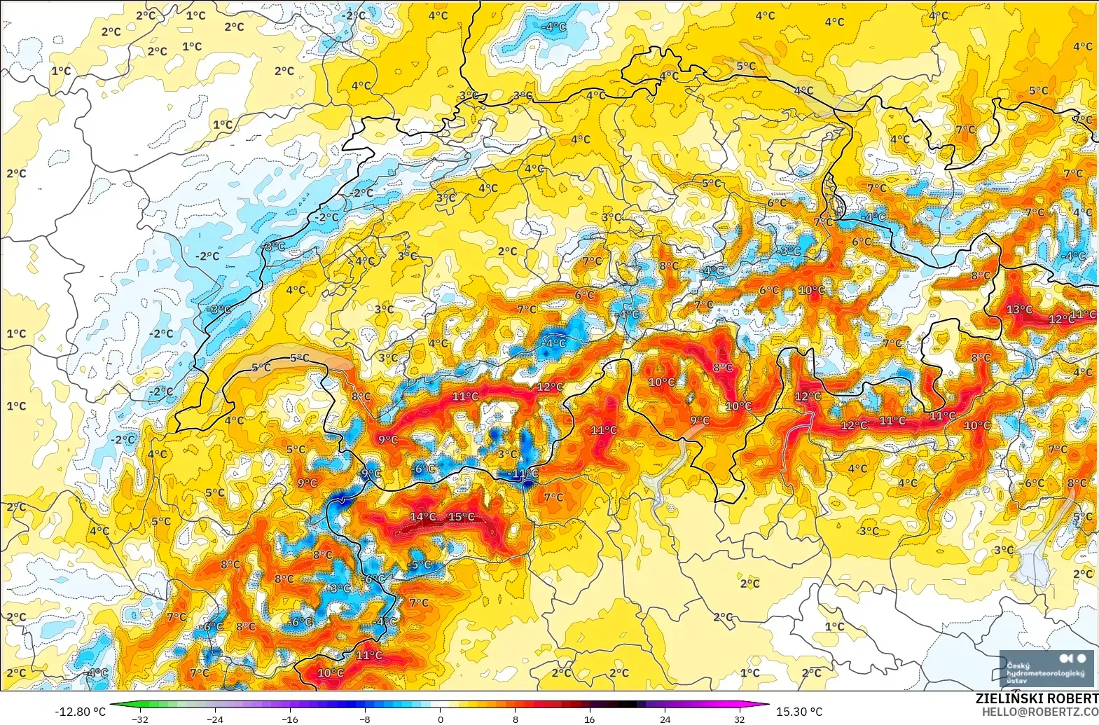 ALADIN CZ 2.3 km model - Switzerland, Temperature at 2m Anomaly