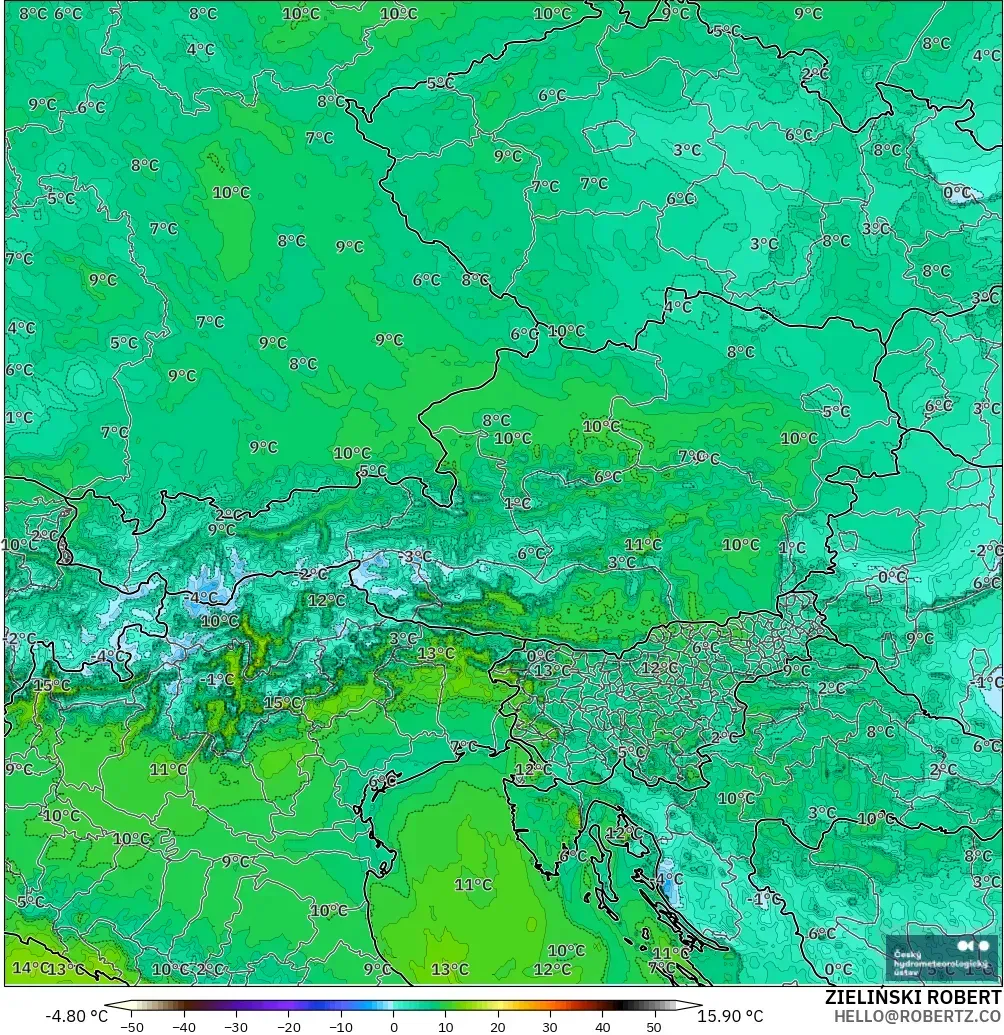 ALADIN CZ 2.3 km model - Austria, Dewpoint at 2m