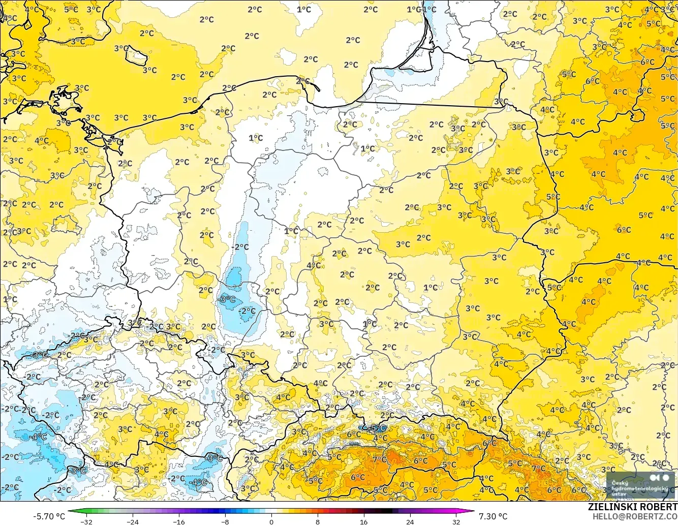 ALADIN CZ 2.3 km model - Poland, Temperature at 2m Anomaly