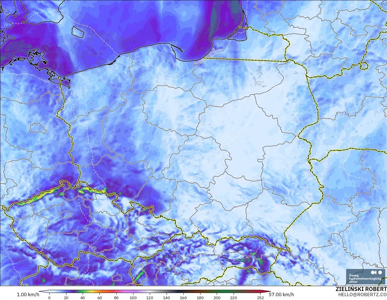 ALADIN CZ 2.3 km model - Poland, Wind Gusts Peak