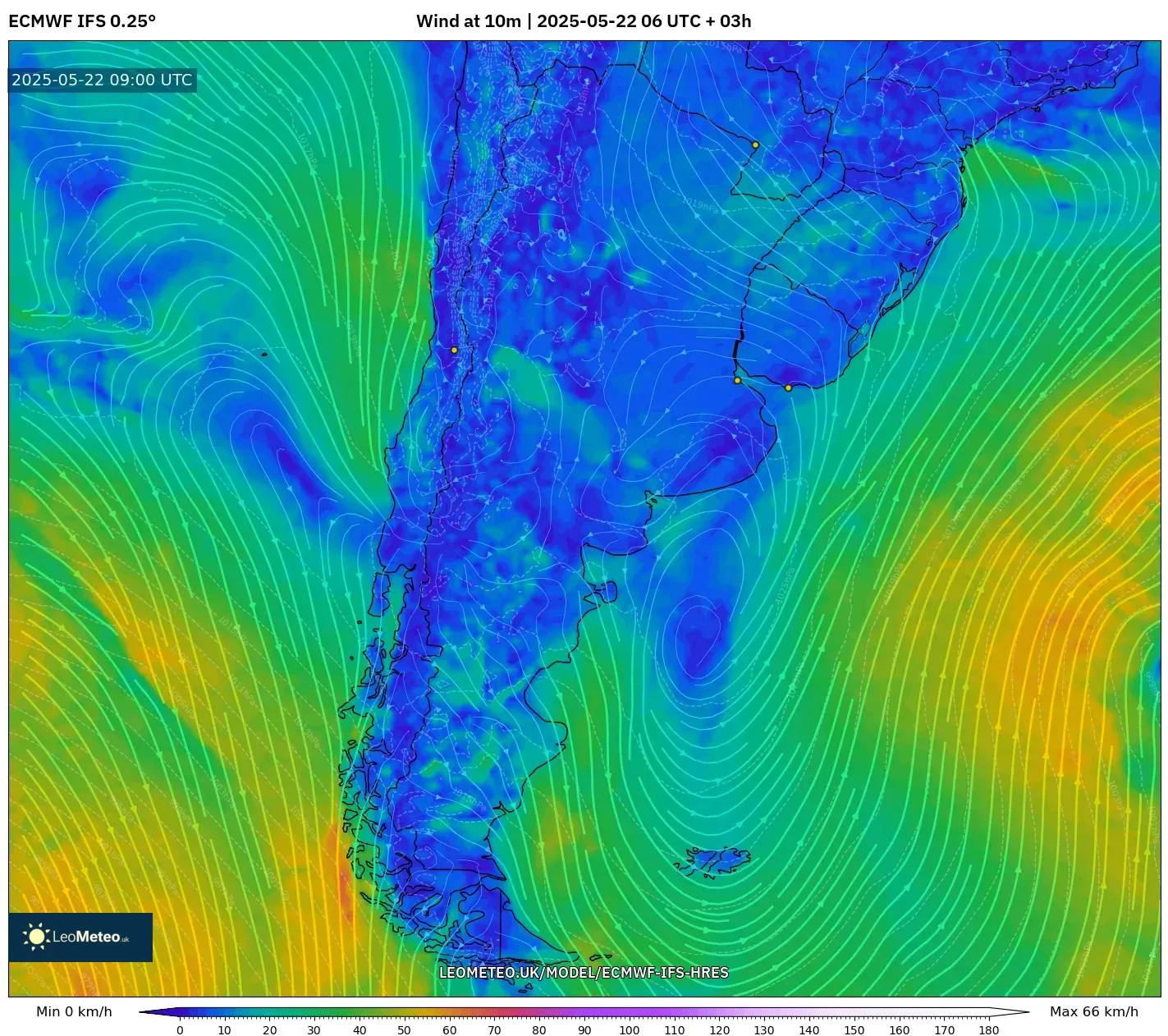 ECMWF IFS 0.25° model - Argentina, Wind at 10m ECMWF IFS 0.25° model - Argentina, Wind at 10m