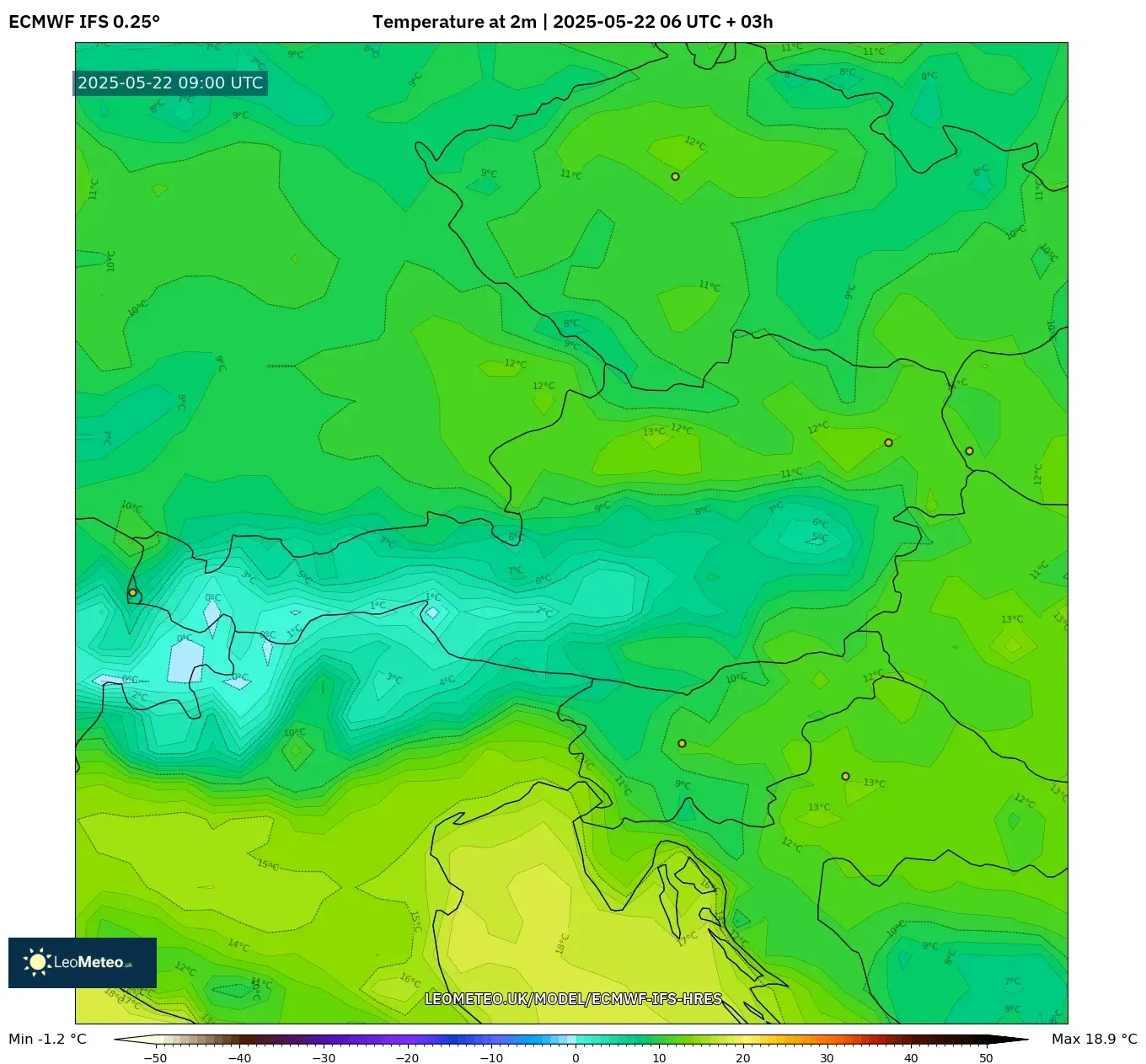 ECMWF IFS 0.25° model - Austria, Temperature at 2m ECMWF IFS 0.25° model - Austria, Temperature at 2m