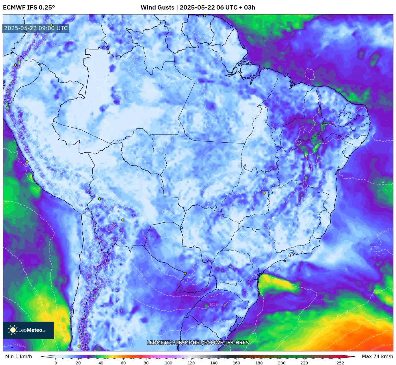 ECMWF IFS 0.25° model - Brazil, Wind Gusts ECMWF IFS 0.25° model - Brazil, Wind Gusts