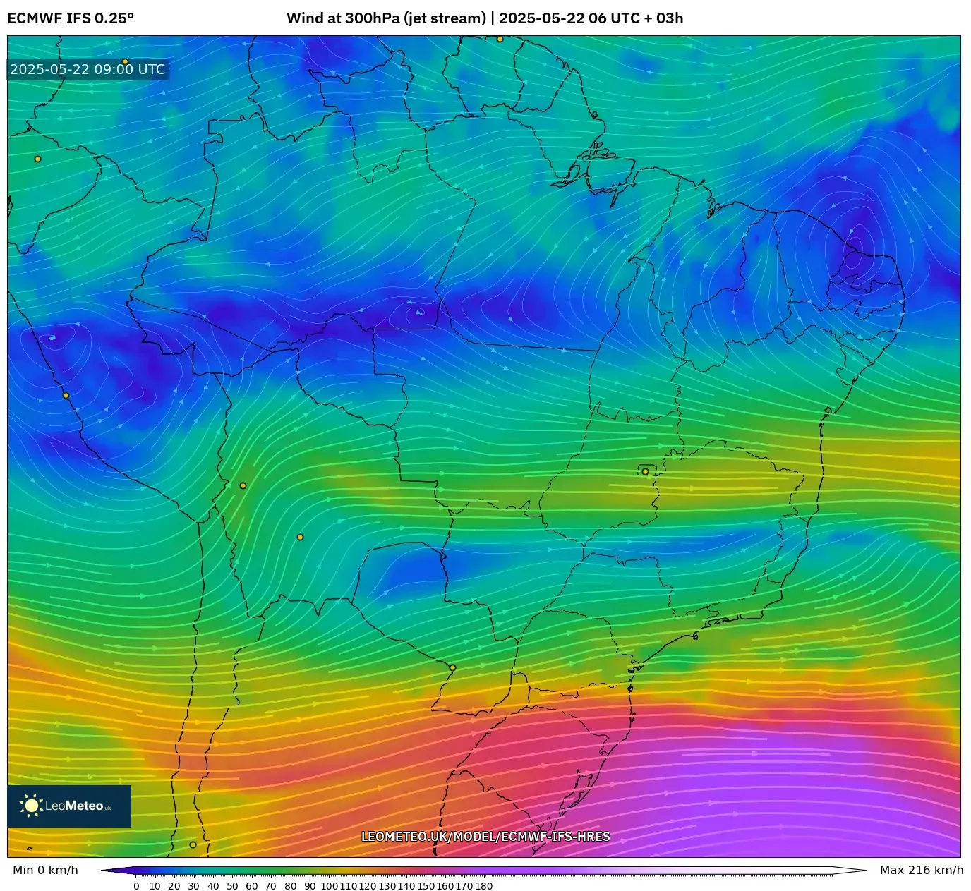 ECMWF IFS 0.25° model - Brazil, Wind at 300hPa (jet stream) ECMWF IFS 0.25° model - Brazil, Wind at 300hPa (jet stream)