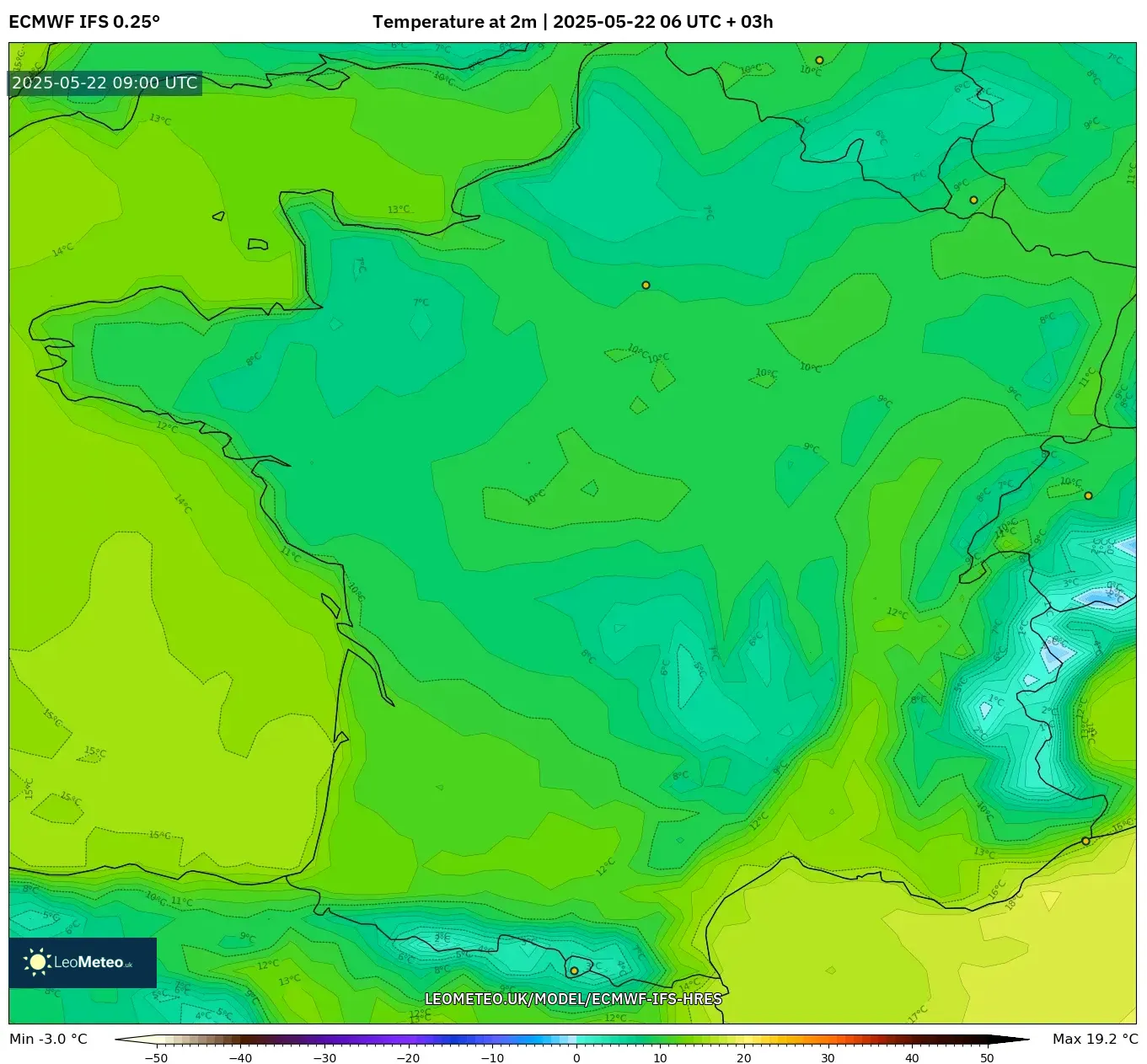 ECMWF IFS 0.25° model - France, Temperature at 2m ECMWF IFS 0.25° model - France, Temperature at 2m