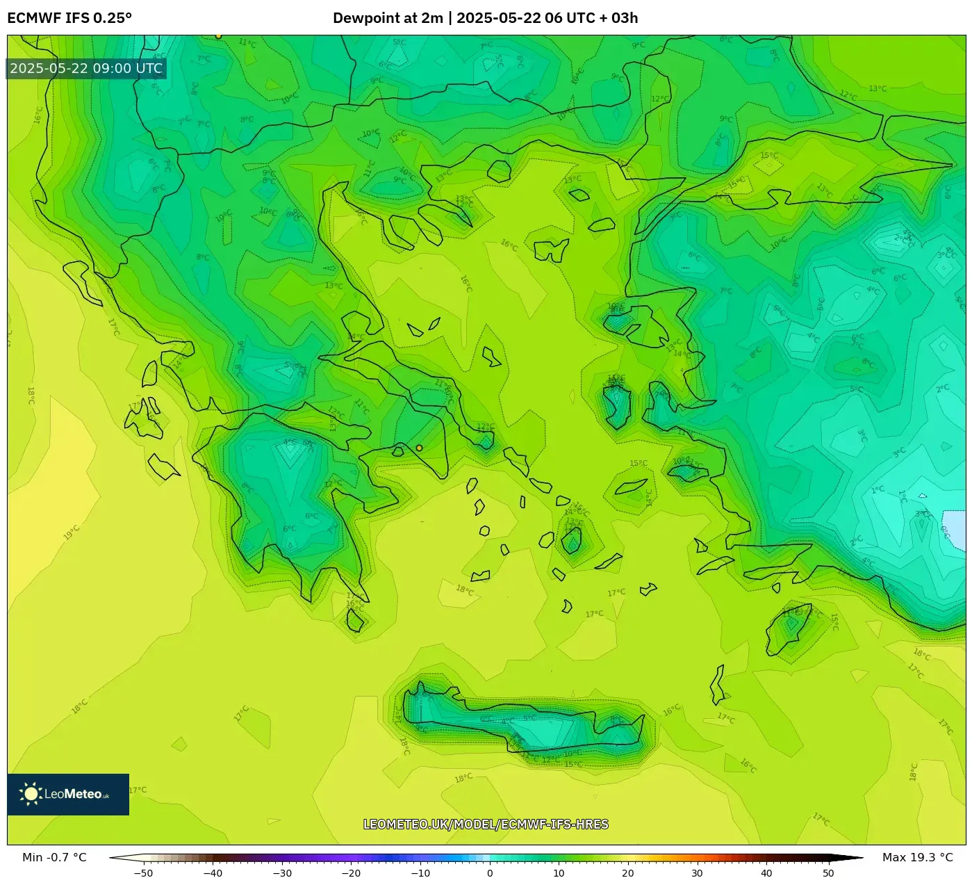 ECMWF IFS 0.25° model - Greece, Dewpoint at 2m ECMWF IFS 0.25° model - Greece, Dewpoint at 2m