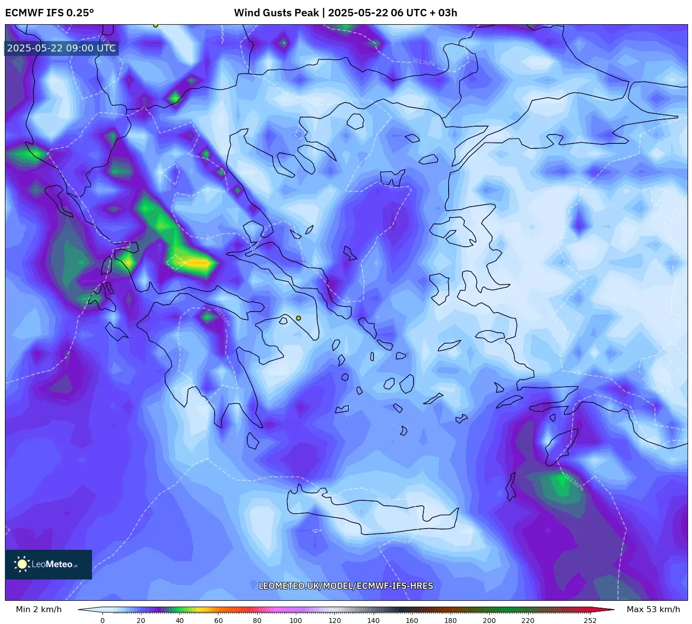 ECMWF IFS 0.25° model - Greece, Wind Gusts Peak ECMWF IFS 0.25° model - Greece, Wind Gusts Peak
