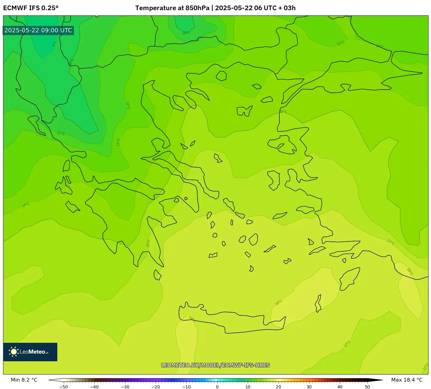 ECMWF IFS 0.25° model - Greece, Temperature at 850hPa ECMWF IFS 0.25° model - Greece, Temperature at 850hPa